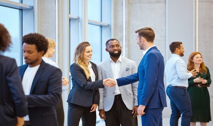Business people in convention center